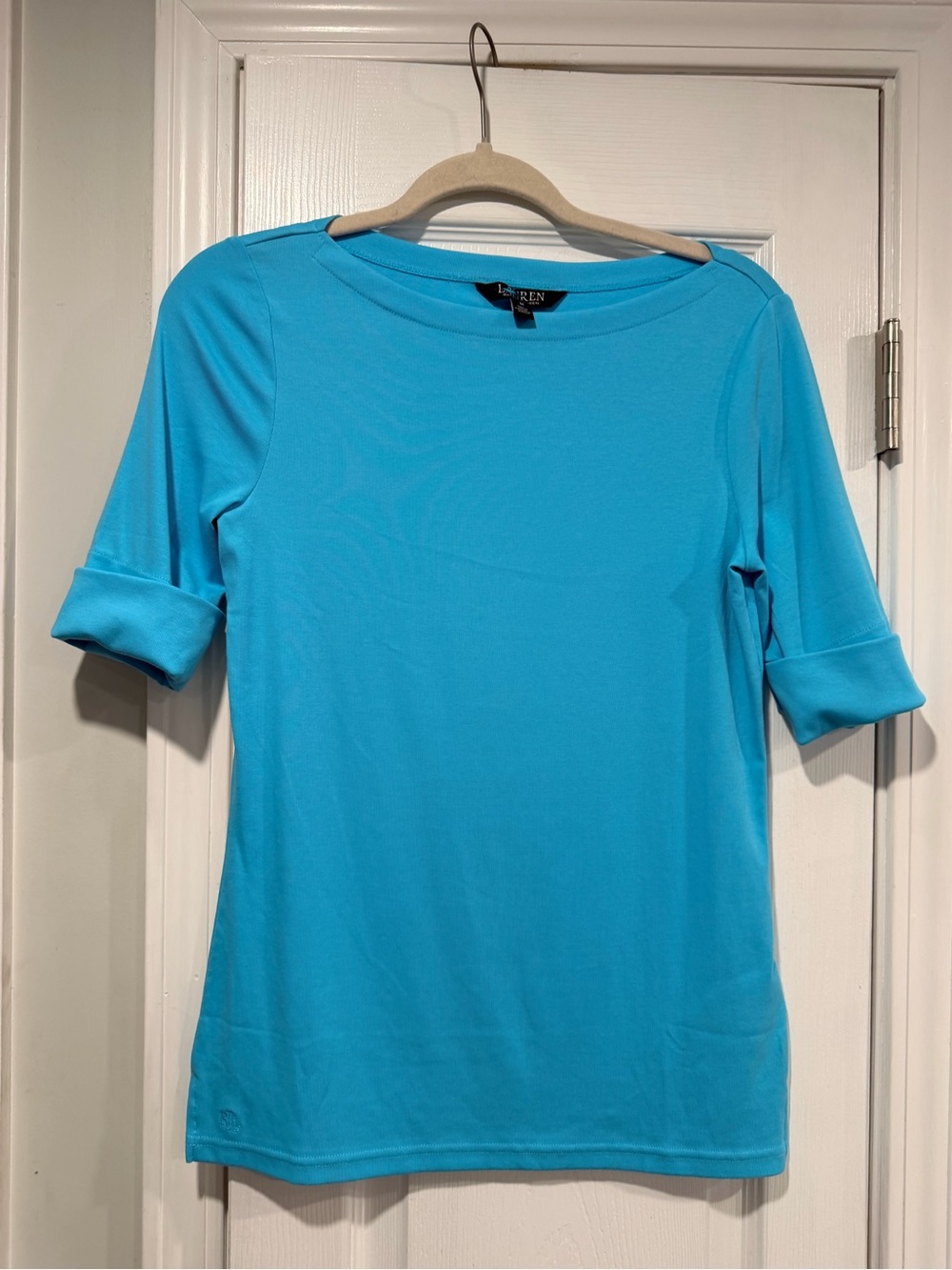 NWOT LRL Ralph Lauren Size M Blue Top Cuffed Short Sleeve Stretch Classic Logo